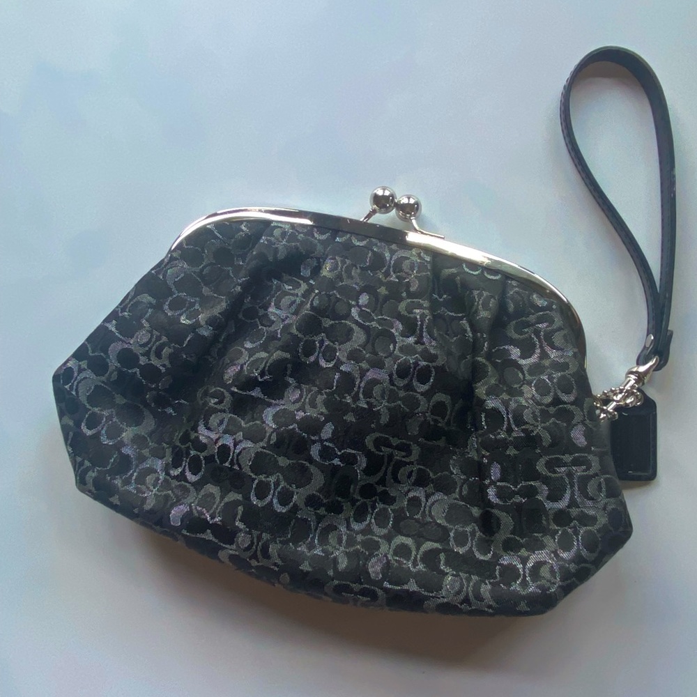 Coach Signature Black Silver Metallic Clutch Prom Cocktail HandBag Wristlet